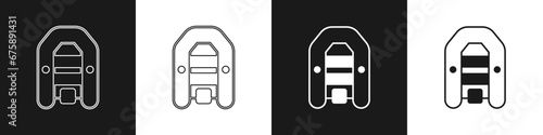 Set Inflatable boat with outboard motor icon isolated on black and white background. Vector