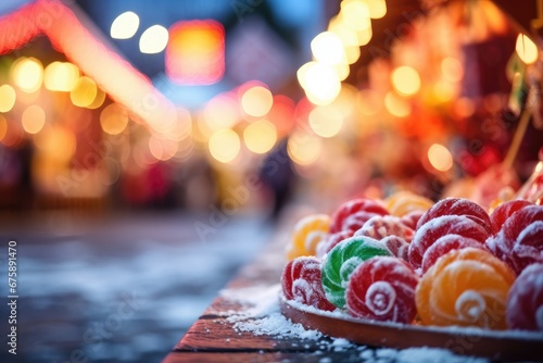 colorful candy sweets on christmas market