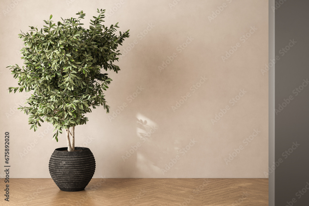 Fototapeta premium Room interior empty space background mock up, sunlight and shadows room walls, cozy summer warm room with sunlight and leafs shadows and wooden blank parquet floor, plant.