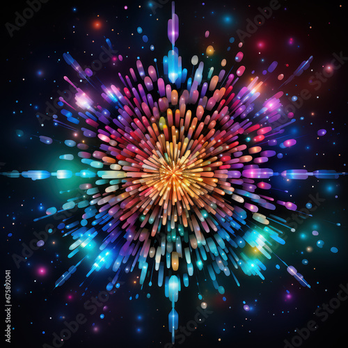 Multidimensional symmetrical Fireworks display with luminous starry colors  cosmic crystals  and celestial background.