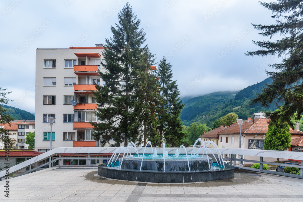 Foča, Bosnia and Herzegovina - August 01, 2023: Fountain in the center of Foča