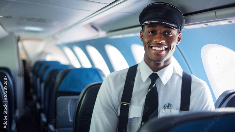 Male flight attendant Flying smiling solo in the cabin Male flight attendant Flying smiling solo in the cabin