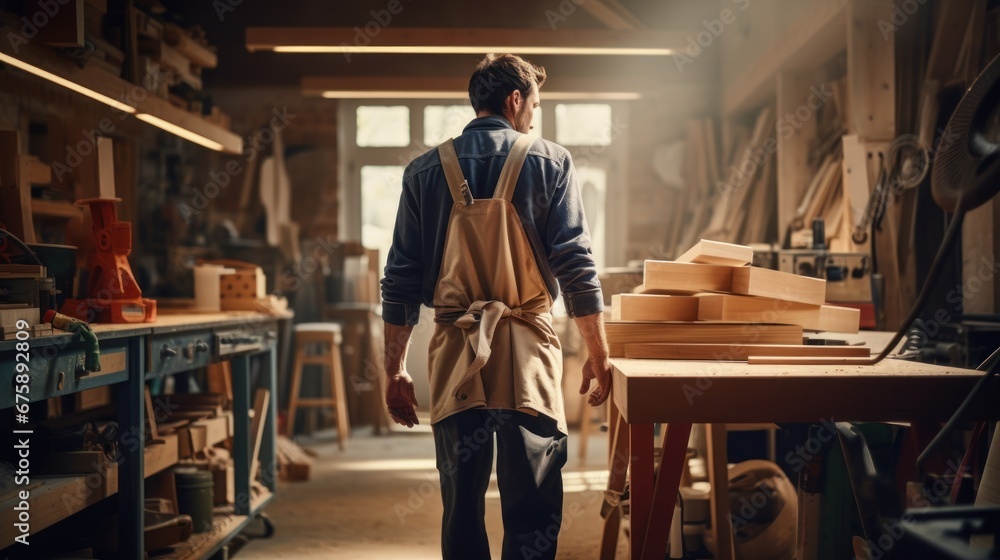 Fototapeta premium Painter, carpenter, carrying wood on his shoulder. Behind is a cabinet for storing tools