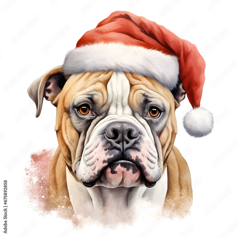 Bulldog Wearing a Santa Hat, Christmas Dog Watercolor Clipart