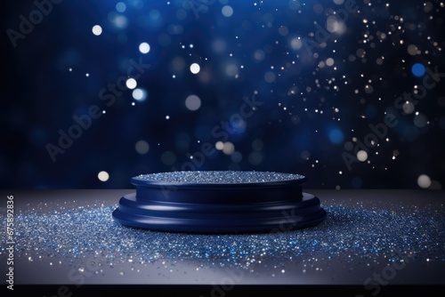 round blue podium for the presentation of luxury products. gold glitter and blur glow smoke dark background © valentina