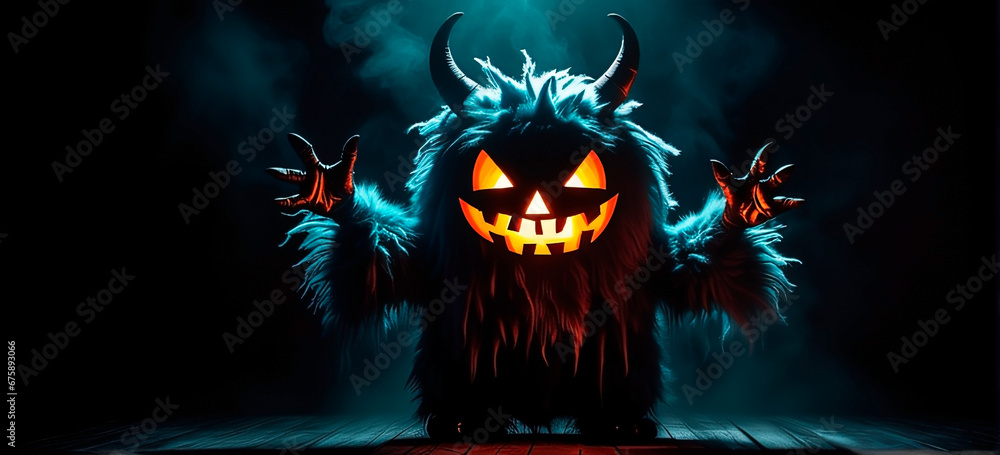 A little spooky fluffy halloween pumpkin monster on black background with fog.