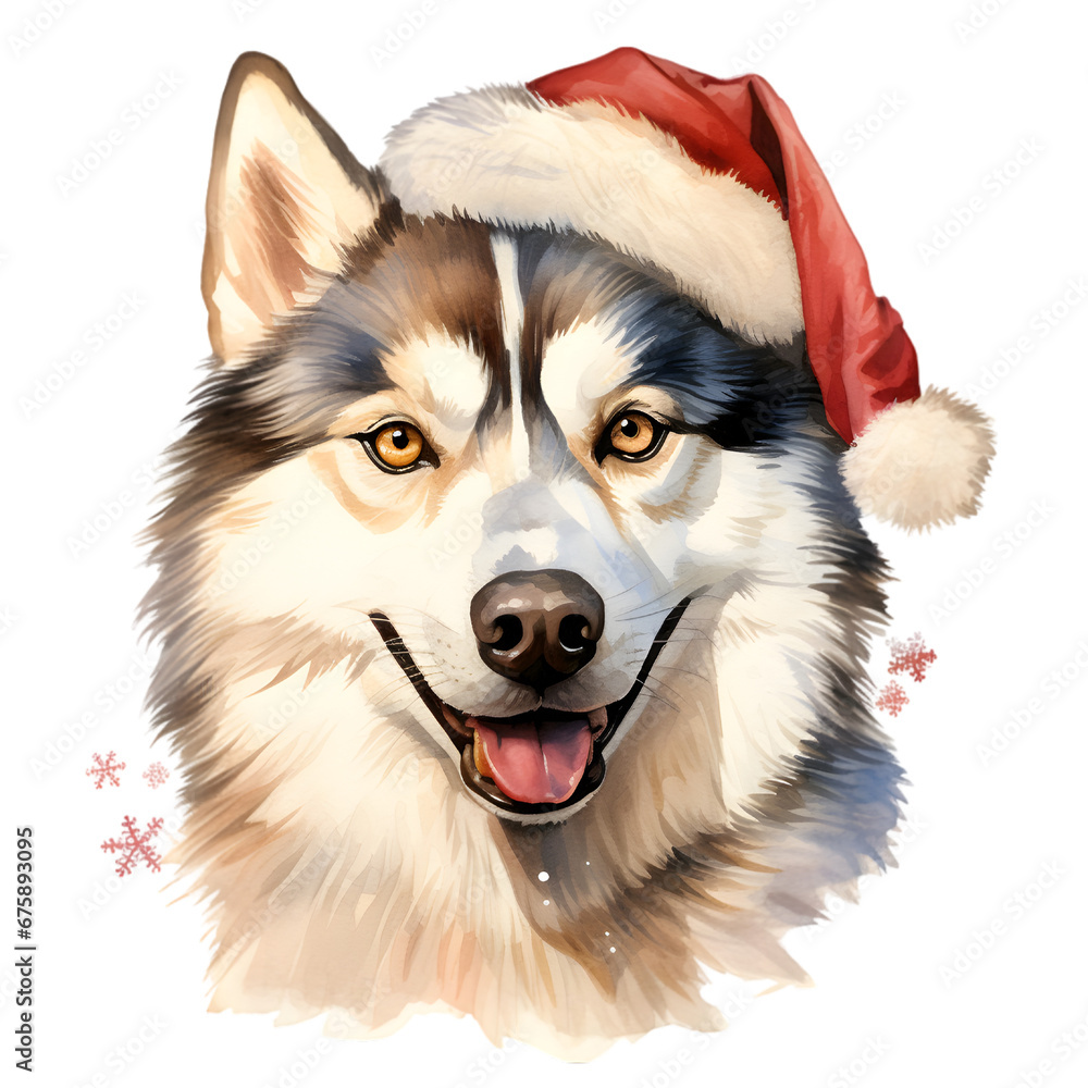 Husky Dog Wearing a Santa Hat, Christmas Dog Watercolor Clipart