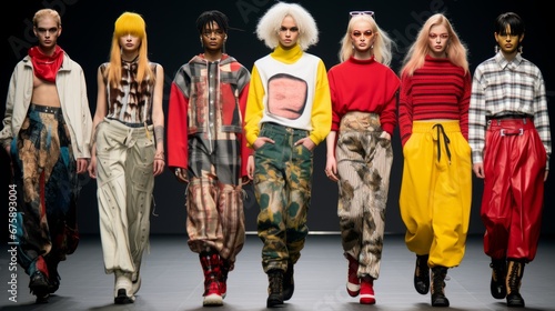  Models dressed in the style of the 90's, modern collection of clothes on the runway.