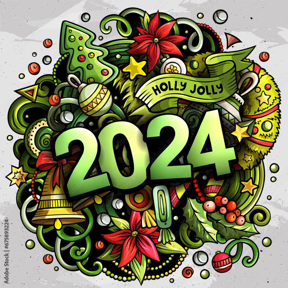 2024 doodles illustration. New Year objects and elements poster
