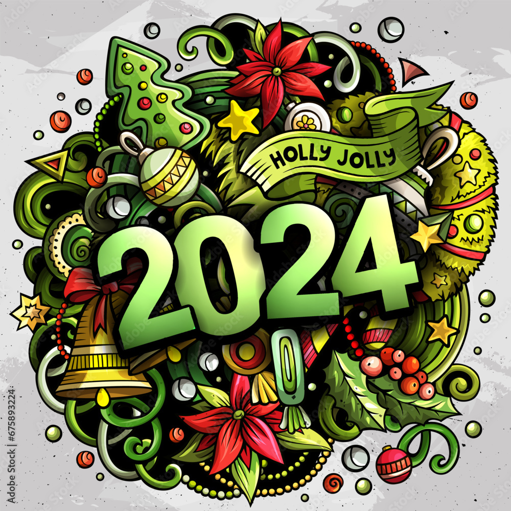 2024 doodles illustration. New Year objects and elements poster 2024 doodles illustration. New Year objects and elements poster
