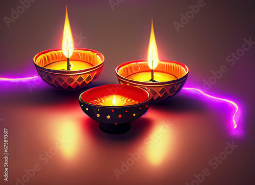 Two illuminated Indian earthen lamps and elegantly wrapped gift box and flower. Diwali is the biggest Hindu festival celebrated