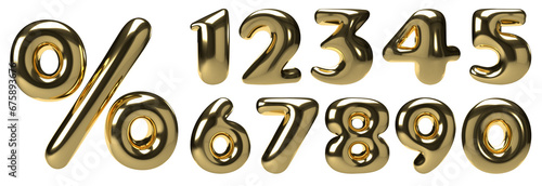 Set of 3d gold numbers and sign percent. Golden balloon design font for Birthday decoration, poster, card. Isolated illustration on transparent background.