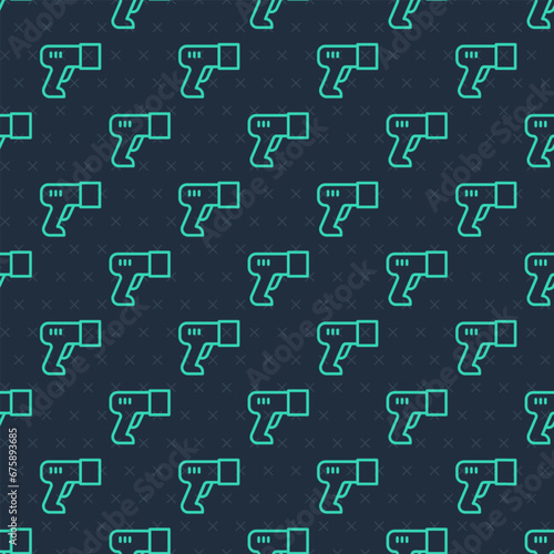 Green line Scanner scanning bar code icon isolated seamless pattern on blue background. Barcode label sticker. Identification for delivery with bars. Vector