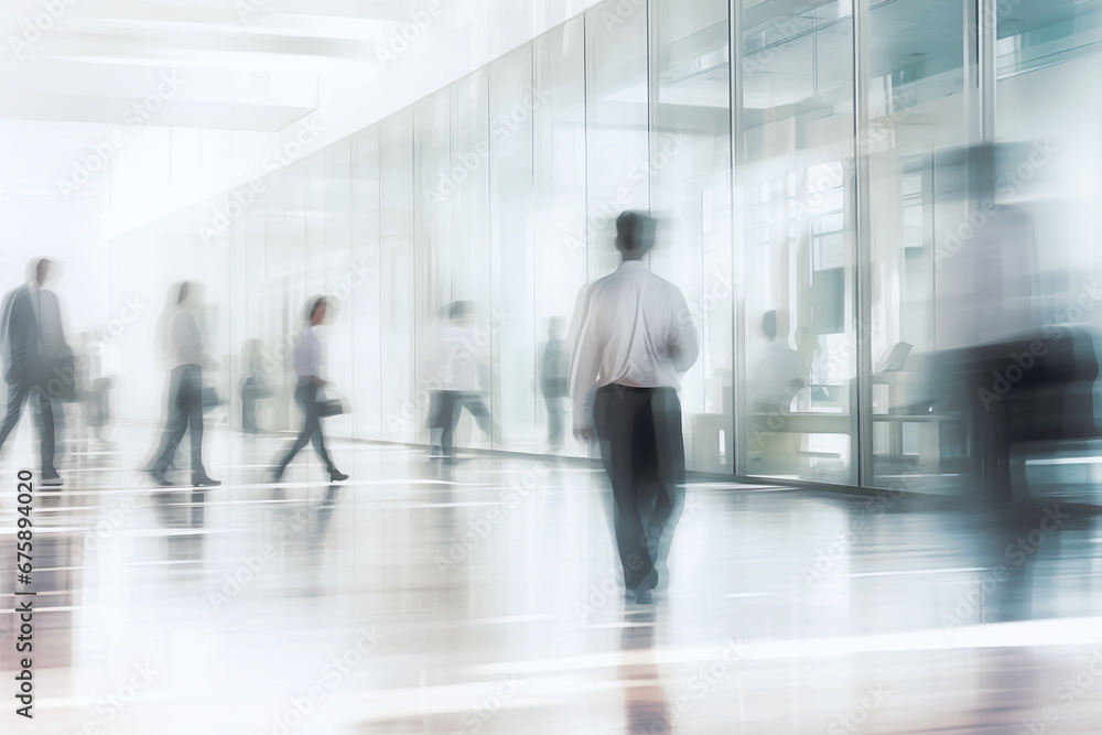 Blurred motion of people walking in a bright office corridor Blurred motion of people walking in a bright office corridor