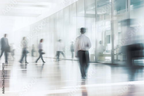 Blurred motion of people walking in a bright office corridor