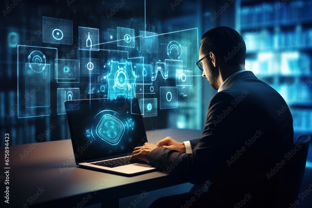 Image portrays a person working on a laptop with a glowing blue lock on the screen, surrounded by a futuristic interface of network nodes Image portrays a person working on a laptop with a glowing blue lock on the screen, surrounded by a futuristic interface of network nodes
