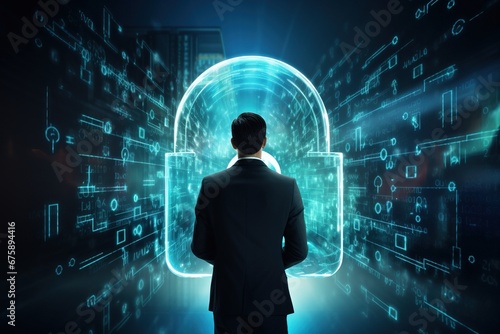 Image depicts a man from behind looking at a digital screen with a glowing blue padlock symbol, representing cybersecurity