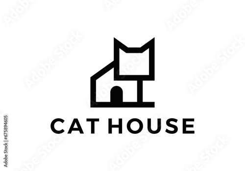 cat house logo design. pet care white linear style concept element symbol vector illustration.	
