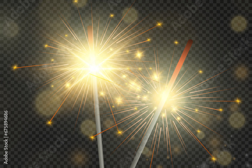 Magical light. Sparkler. Candle sparkling on the background. Realistic vector light effect. Winter, seasonal christmas decoration illustration.	
