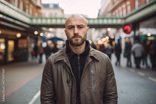 Portrait of a handsome bald man with beard in the city.