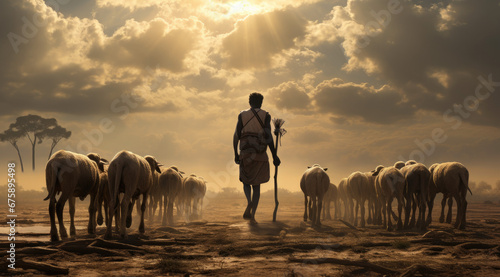 African shepherd walking with his sheeps  photo