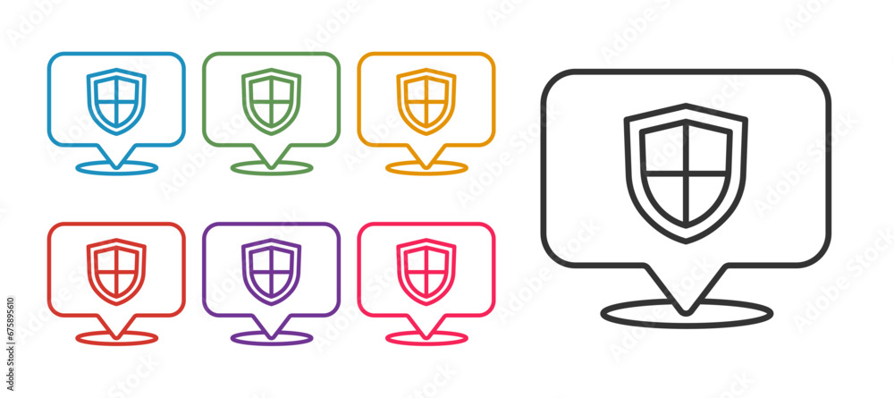 Set line Location shield icon isolated on white background. Insurance concept. Guard sign. Security, safety, protection, privacy concept. Set icons colorful. Vector Set line Location shield icon isolated on white background. Insurance concept. Guard sign. Security, safety, protection, privacy concept. Set icons colorful. Vector
