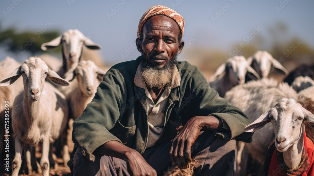 African shepherd with his sheeps  - obrazy, fototapety, plakaty 
