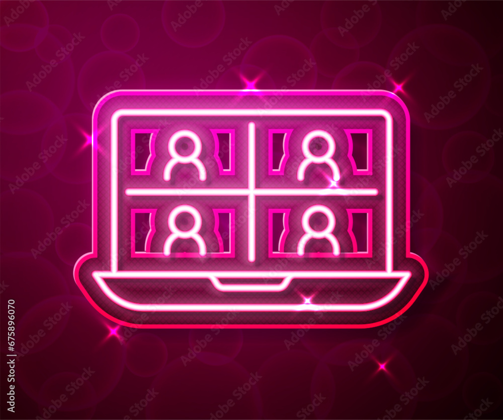 Glowing neon line Video chat conference icon isolated on red background. Online meeting work form home. Remote project management. Vector