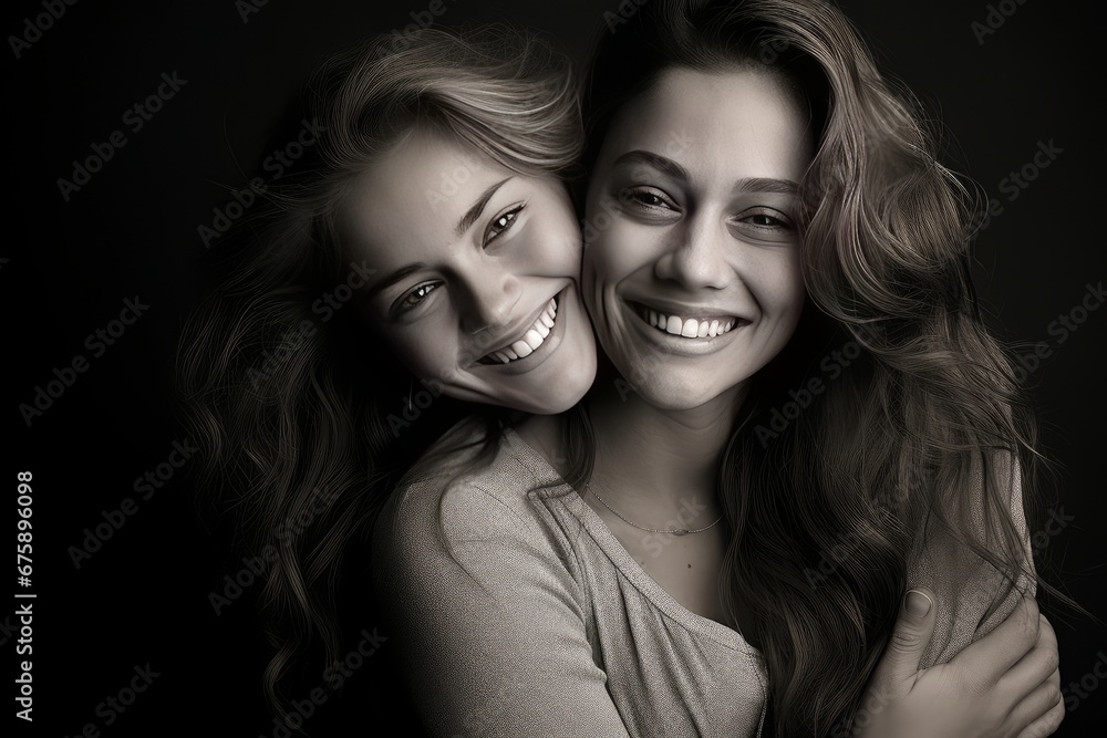 photo of Capture the loving embrace of a mother and her teenage daughter with genuine smiles. Generative AI