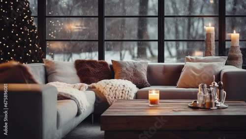 interior, christmas and interior concept - cushioned sofa, coffee table, garland string and candles on window sill in living room of cozy home