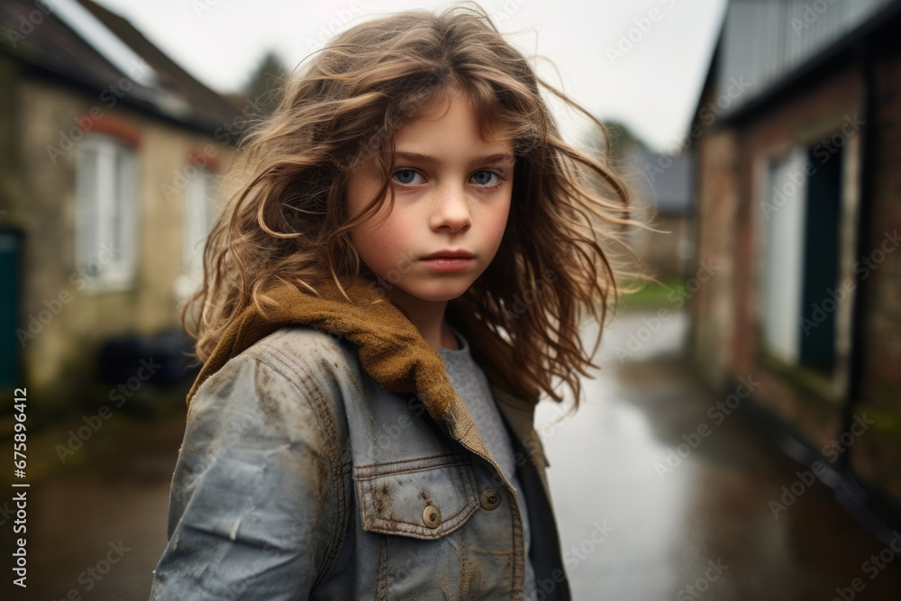 Portrait of a beautiful little girl with long hair in the street