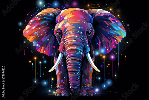 Colorful neon elephant with abstract cosmic background