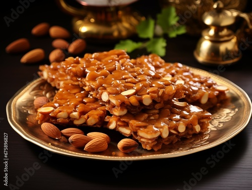 Traditional Indian peanut chikki made from roasted peanuts and jaggery. photo