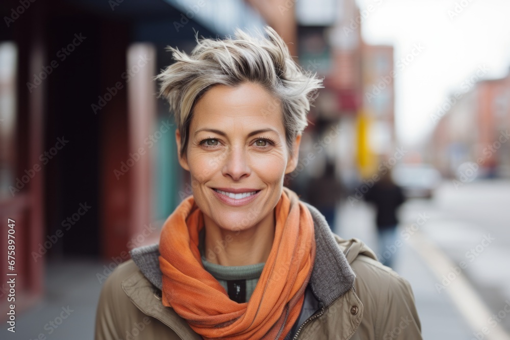 Portrait of smiling middle-aged woman in a city street. Portrait of smiling middle-aged woman in a city street.