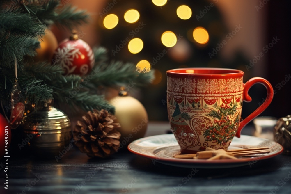 Fototapeta premium A Christmas mug on the table, Christmas drink close up, decorations