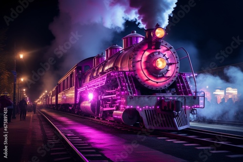 Purple train with neon lights and smoke