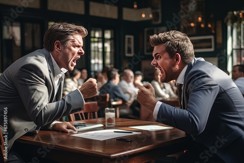 Photo of two businessmen engaged in a heated argument during a business meeting. Generative AI