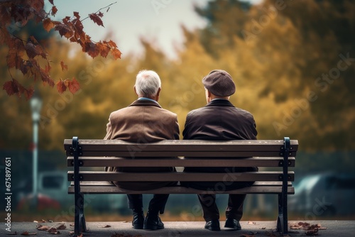 Photo of two seniors on a bench at a retirement home, reminiscing about their lives. Generative AI