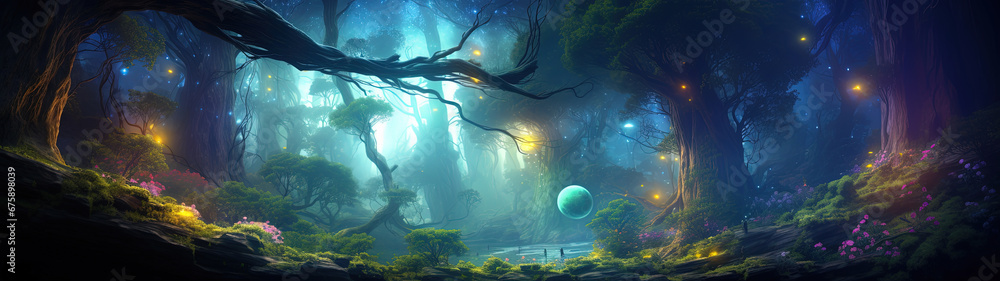 Obraz premium Mystical Modernity: A Vibrant and Enigmatic Fusion of Modern World and Alien Landscape, Perfect for Screensavers and Desktop Backgrounds