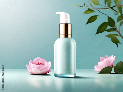 AI-generated, Artificial intelligence, generated, bottle, product, products, pink background, blue background, glass bottle, cosmetics, mock-up, flower background, photo, realistic, real photo, 
 (ID: 675898211)
