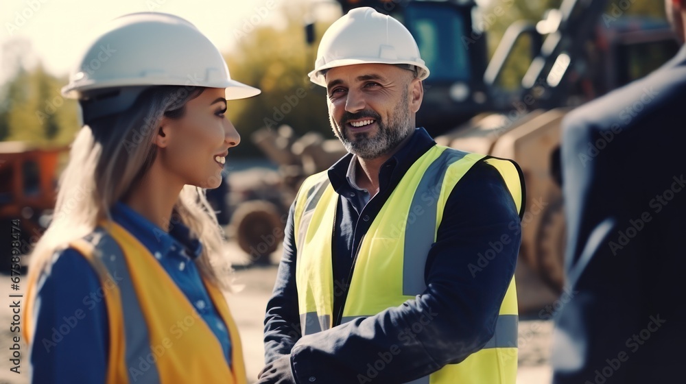 The chief engineer of a male construction worker wearing a uniform and helmet stands and talks about handing over work to a female worker. The chief engineer of a male construction worker wearing a uniform and helmet stands and talks about handing over work to a female worker.