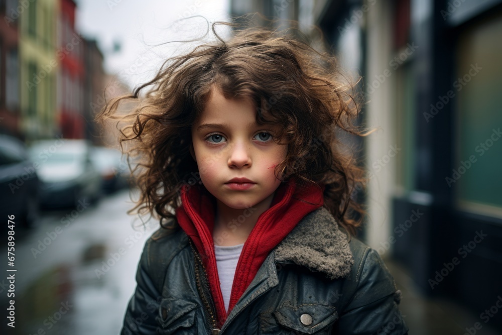 Portrait of a cute little girl with curly hair in the city Portrait of a cute little girl with curly hair in the city
