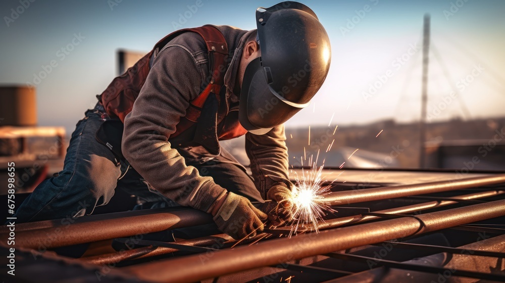 Welder with experience welding metal parts on roof structures on