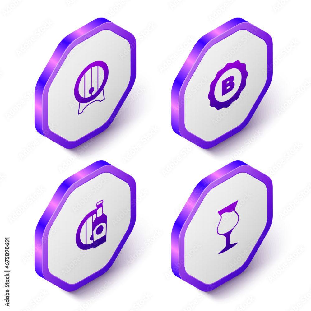 Set Isometric Wooden barrel on rack, Bottle cap, Beer bottle and wooden and Glass of beer icon. Purple hexagon button. Vector Set Isometric Wooden barrel on rack, Bottle cap, Beer bottle and wooden and Glass of beer icon. Purple hexagon button. Vector