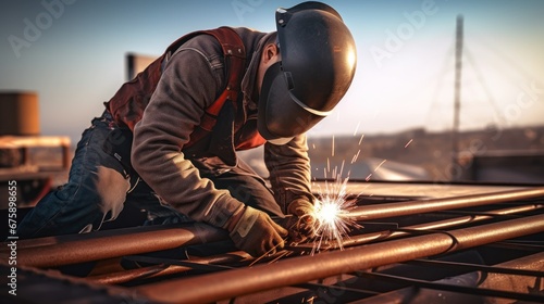 Welder with experience welding metal parts on roof structures on construction sites. photo