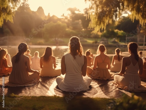 Group of young women yoga meditating in the park at sunset