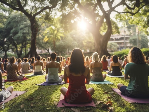 Group of people practicing yoga in the park. Healthy lifestyle concept.