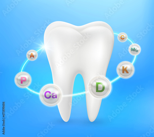 Nutrients and vitamins to nourish teeth and gums, including calcium, potassium, phosphorus, vitamins D, C, A and magnesium. Medical concept. Realistic 3D vector file.