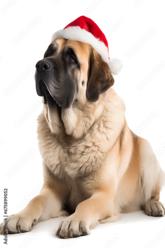 Huge purebred dog in Santa Claus Christmas red hat lying on white background
