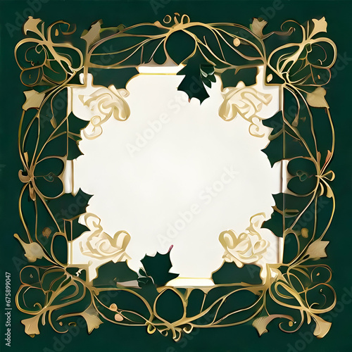 Design an empty wedding invitation frame with a deep rich green and white background, reminiscent of a lush pine forest.In each of the four corners of the card, there are ornate patterns or designs in